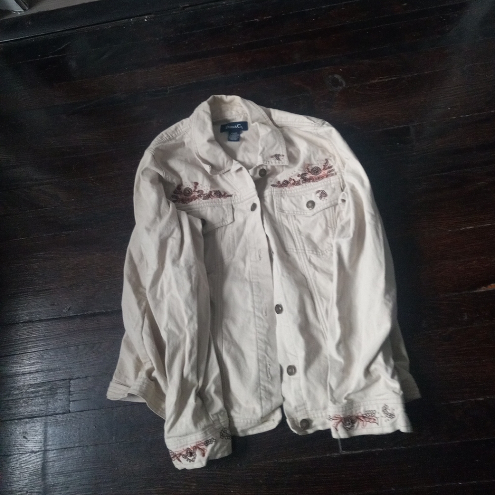 Denim&Co Mens Jacket Color Beige Size Large Buttons Cozy Comfort Casual Beads